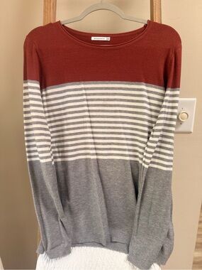 Staccato Rust, Gray & White Striped Crewneck Sweater